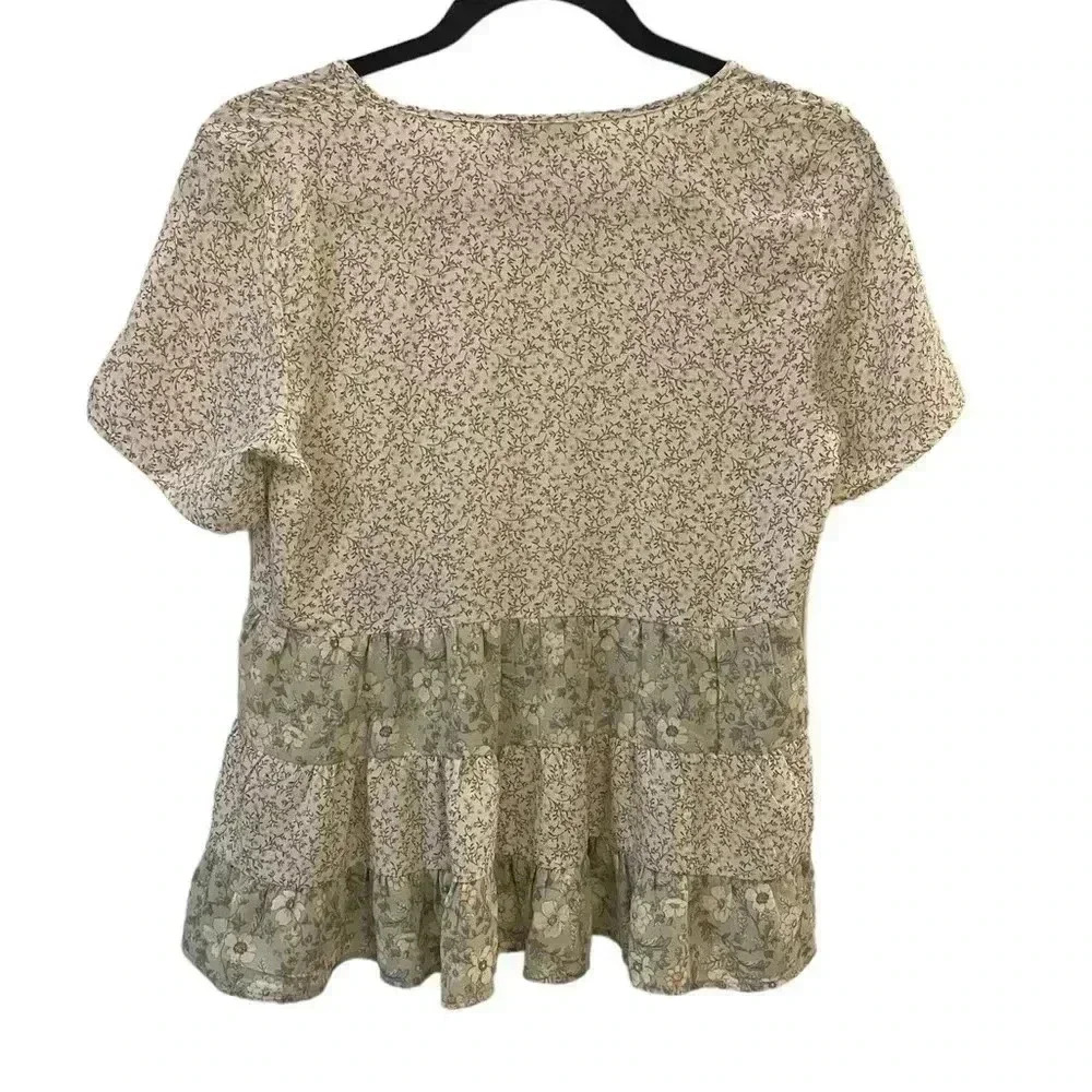 Paper Crane mixed media baby doll short sleeve top green floral small - Picture 4 of 9